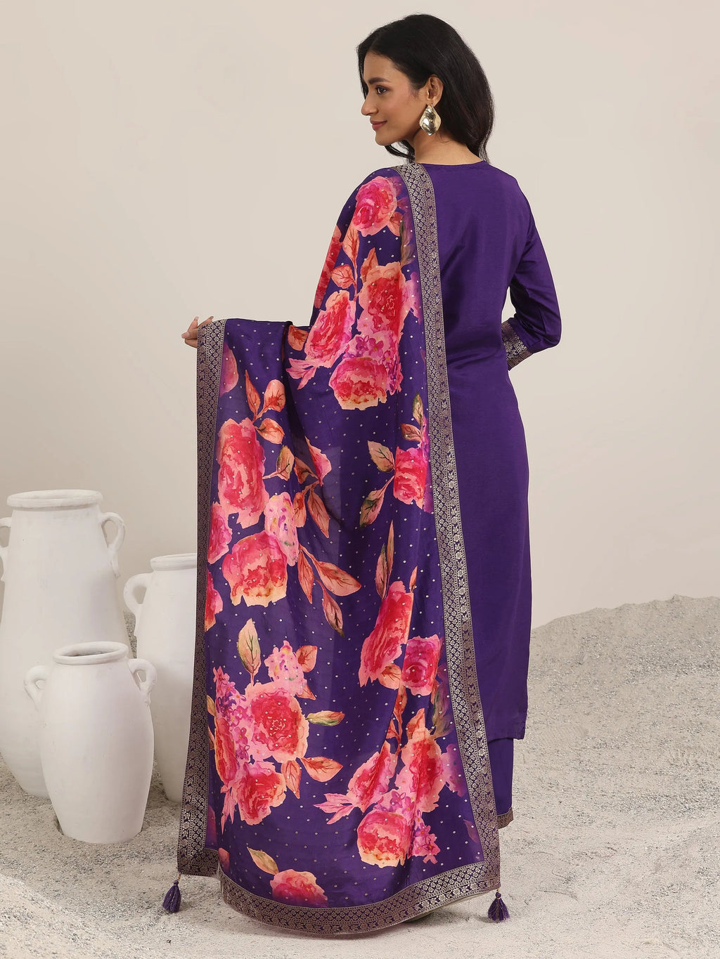 Libas Purple Woven Design Silk Blend Straight Suit With Dupatta