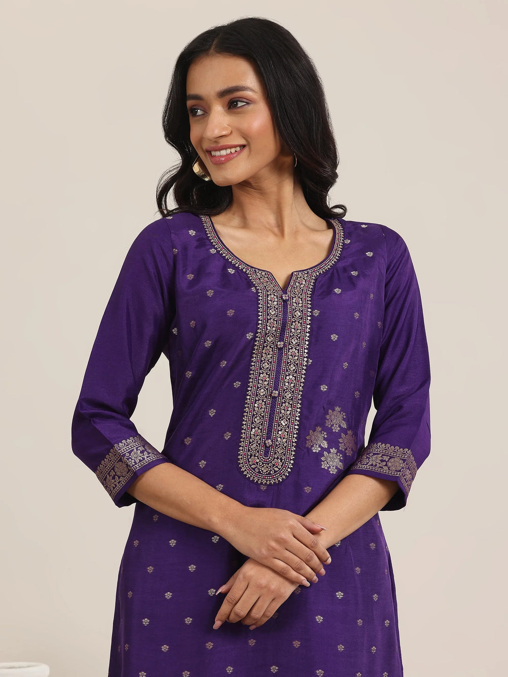 Libas Purple Woven Design Silk Blend Straight Suit With Dupatta
