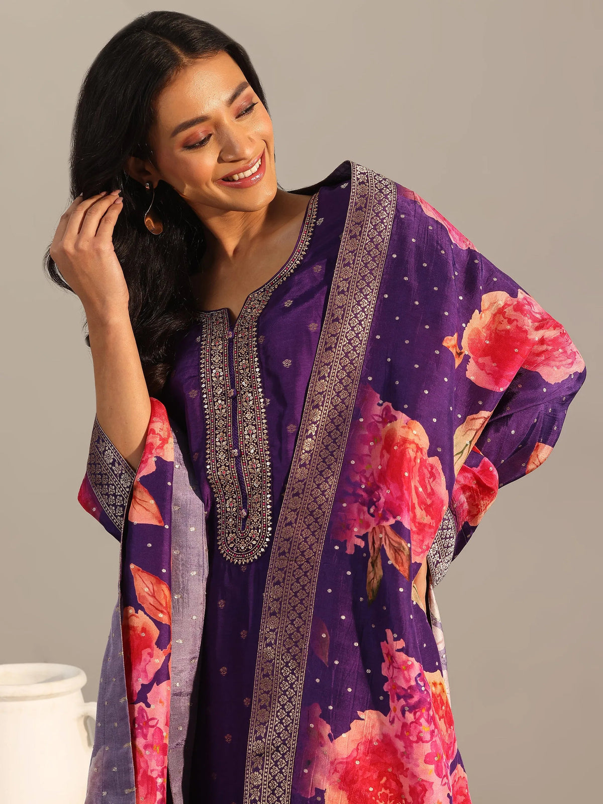 Libas Purple Woven Design Silk Blend Straight Suit With Dupatta