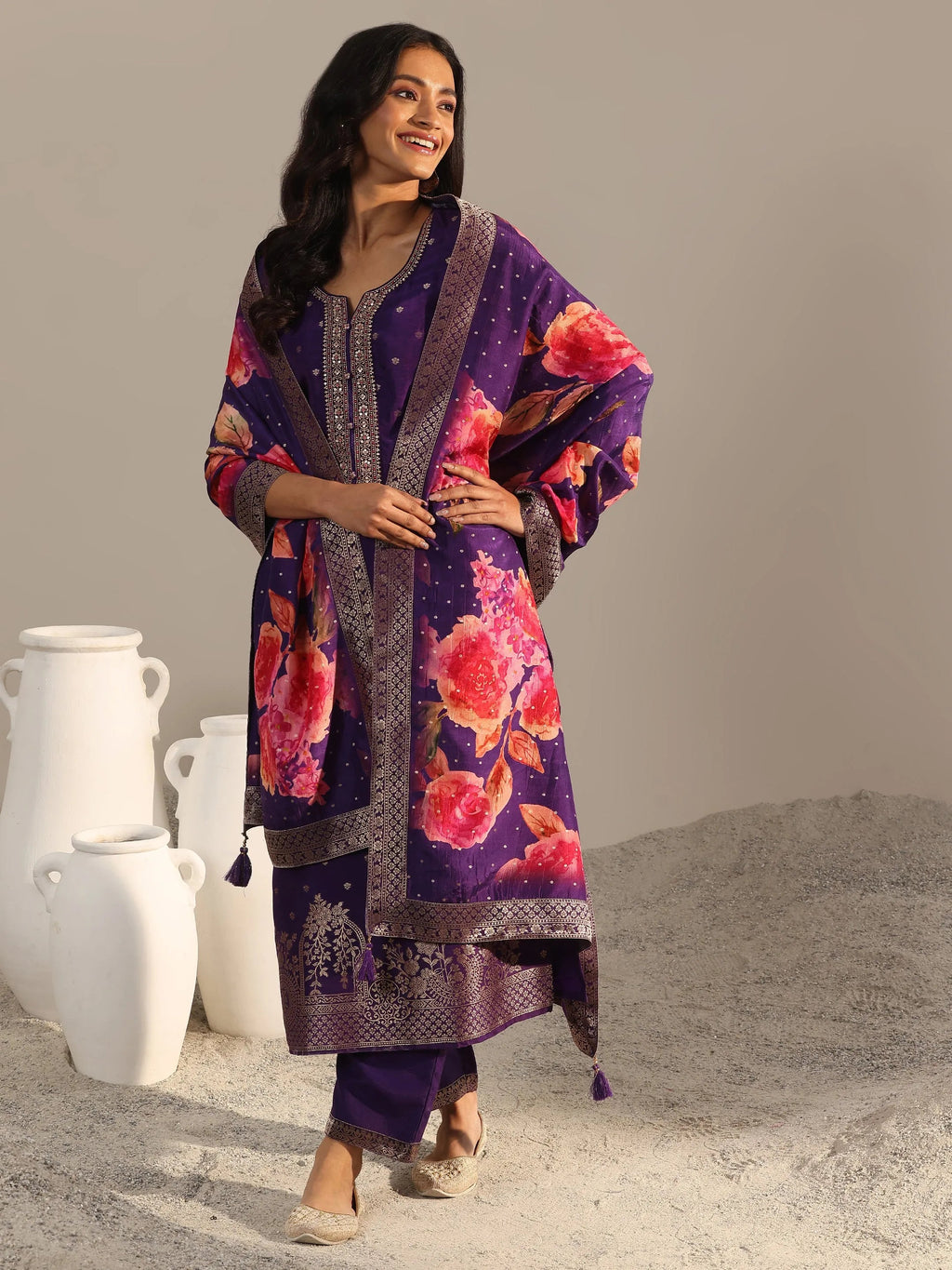 Libas Purple Woven Design Silk Blend Straight Suit With Dupatta