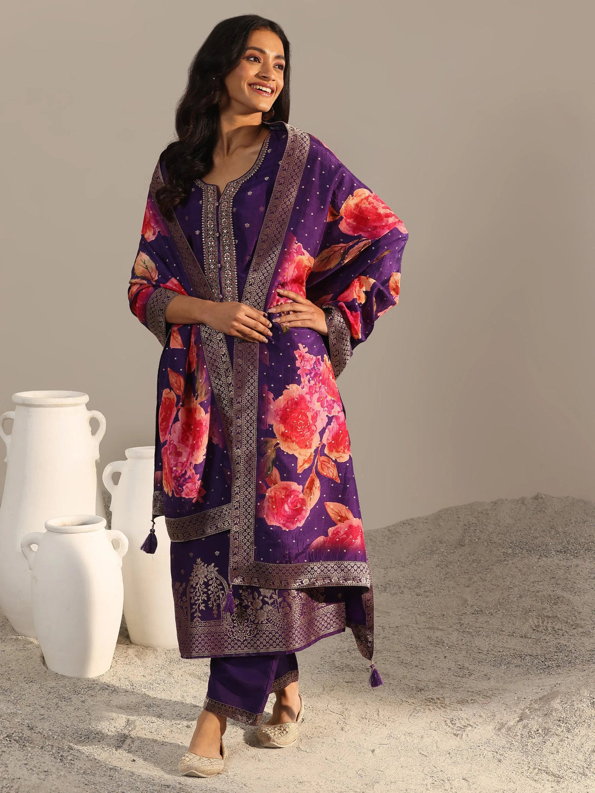 Libas Purple Woven Design Silk Blend Straight Suit With Dupatta