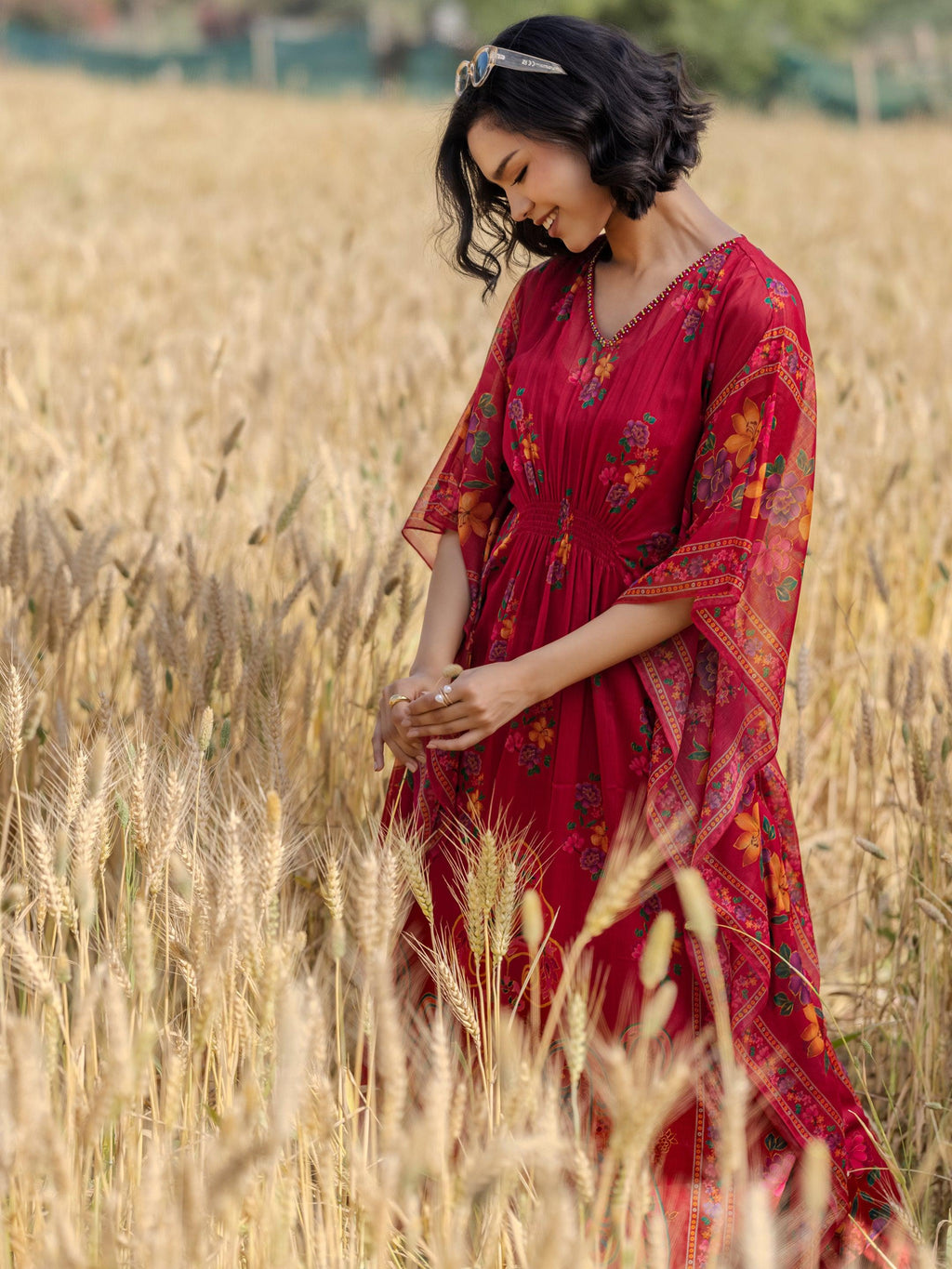 Libas Maroon Printed Chiffon A-line Kurta Set
