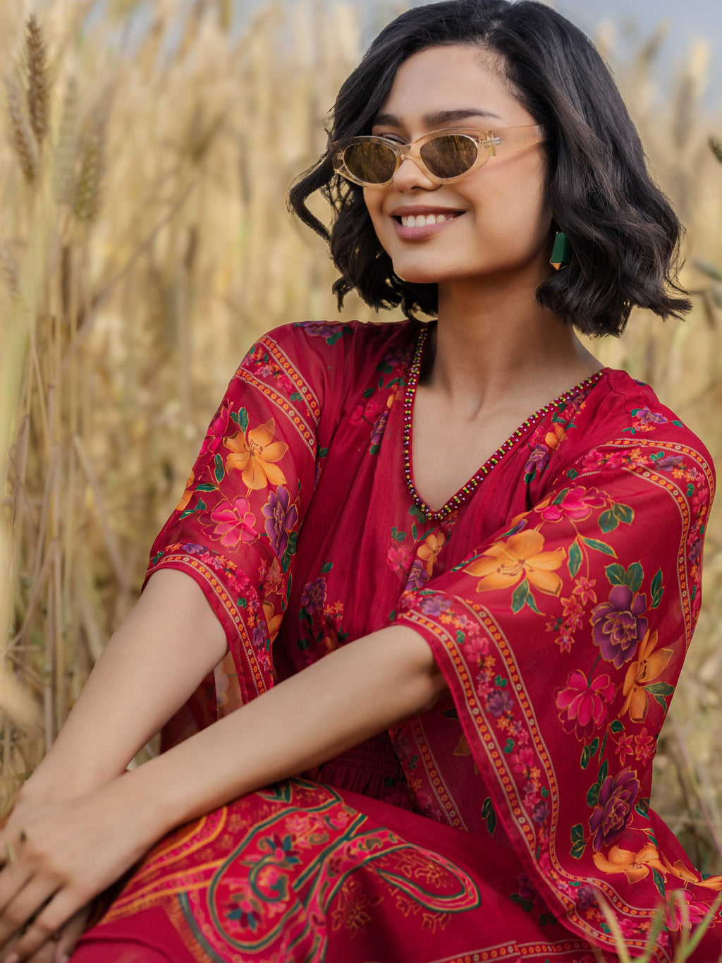 Libas Maroon Printed Chiffon A-line Kurta Set