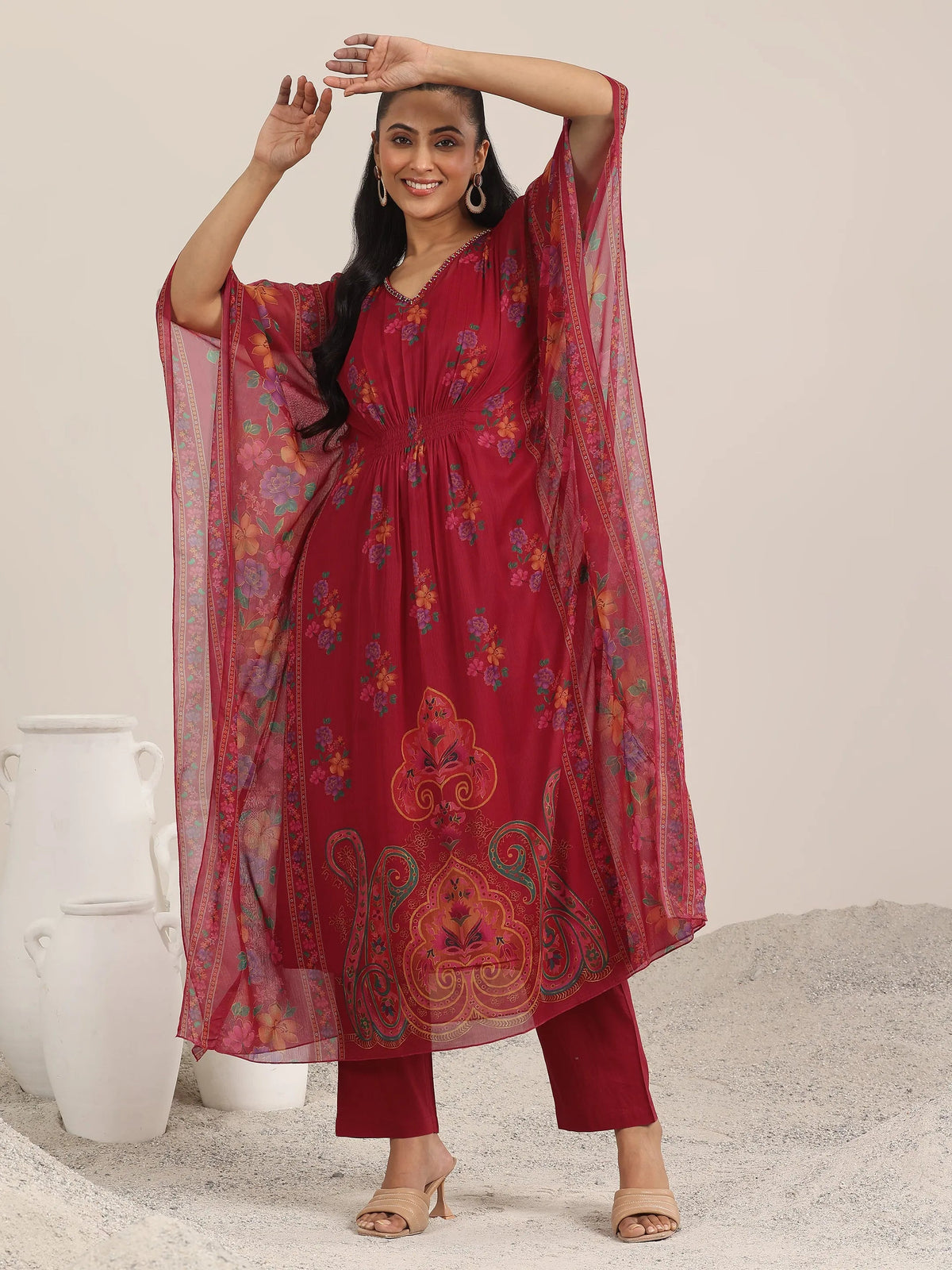 Libas Maroon Printed Chiffon A-line Kurta Set