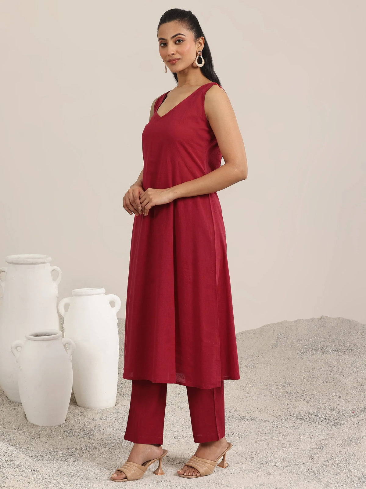 Libas Maroon Printed Chiffon A-line Kurta Set