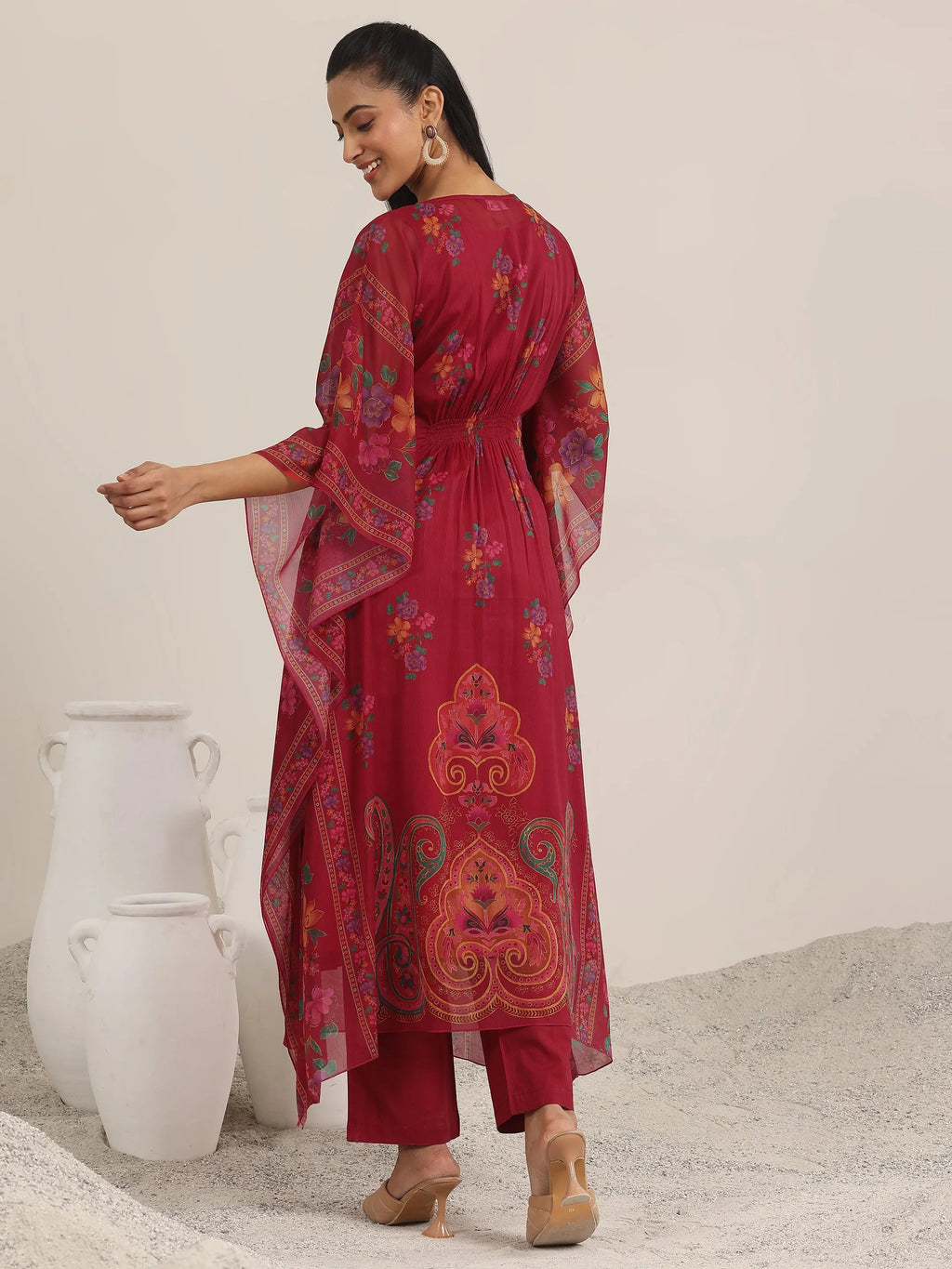 Libas Maroon Printed Chiffon A-line Kurta Set