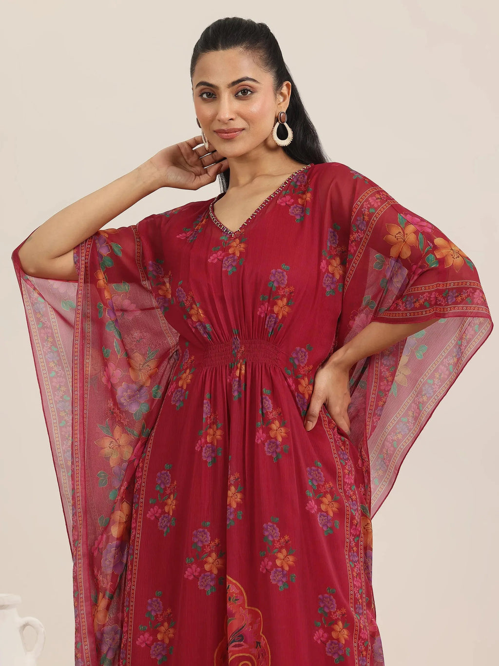 Libas Maroon Printed Chiffon A-line Kurta Set