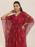 Libas Maroon Printed Chiffon A-line Kurta Set