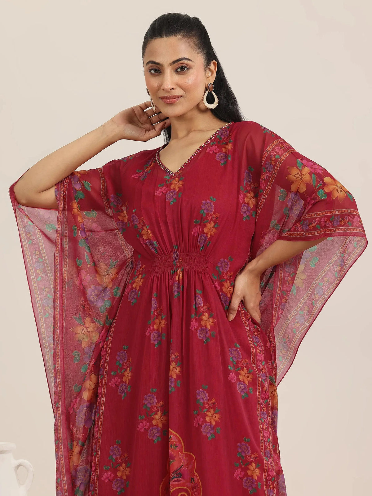Libas Maroon Printed Chiffon A-line Kurta Set