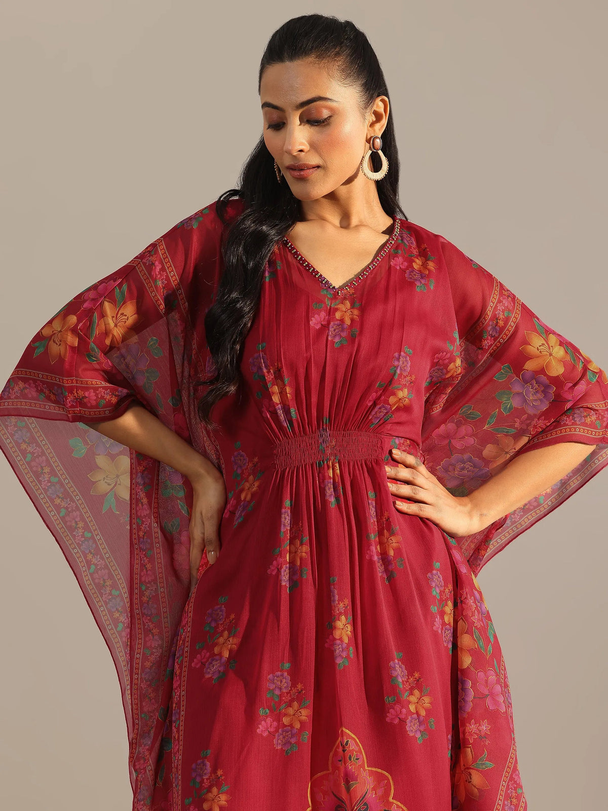 Libas Maroon Printed Chiffon A-line Kurta Set