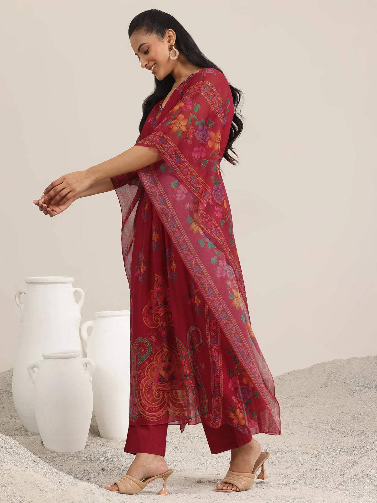 Libas Maroon Printed Chiffon A-line Kurta Set
