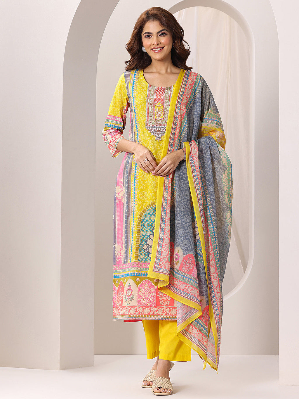 Libas Yellow Printed Cotton Straight Suit Set With Dupatta