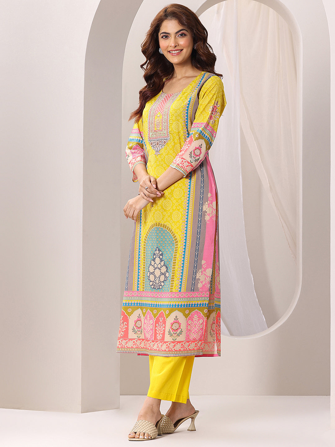 Libas Yellow Printed Cotton Straight Suit Set With Dupatta