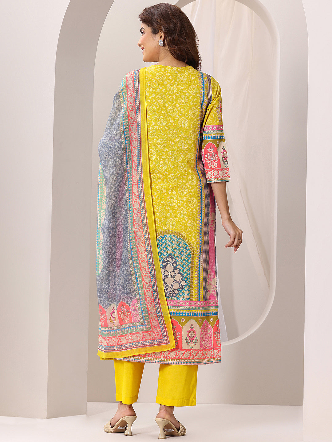 Libas Yellow Printed Cotton Straight Suit Set With Dupatta