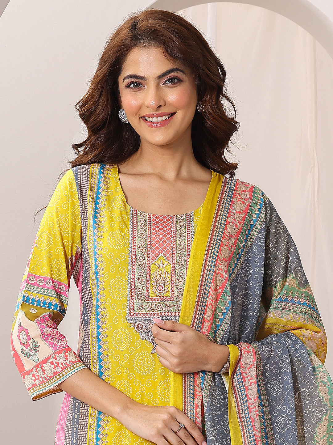 Libas Yellow Printed Cotton Straight Suit Set With Dupatta
