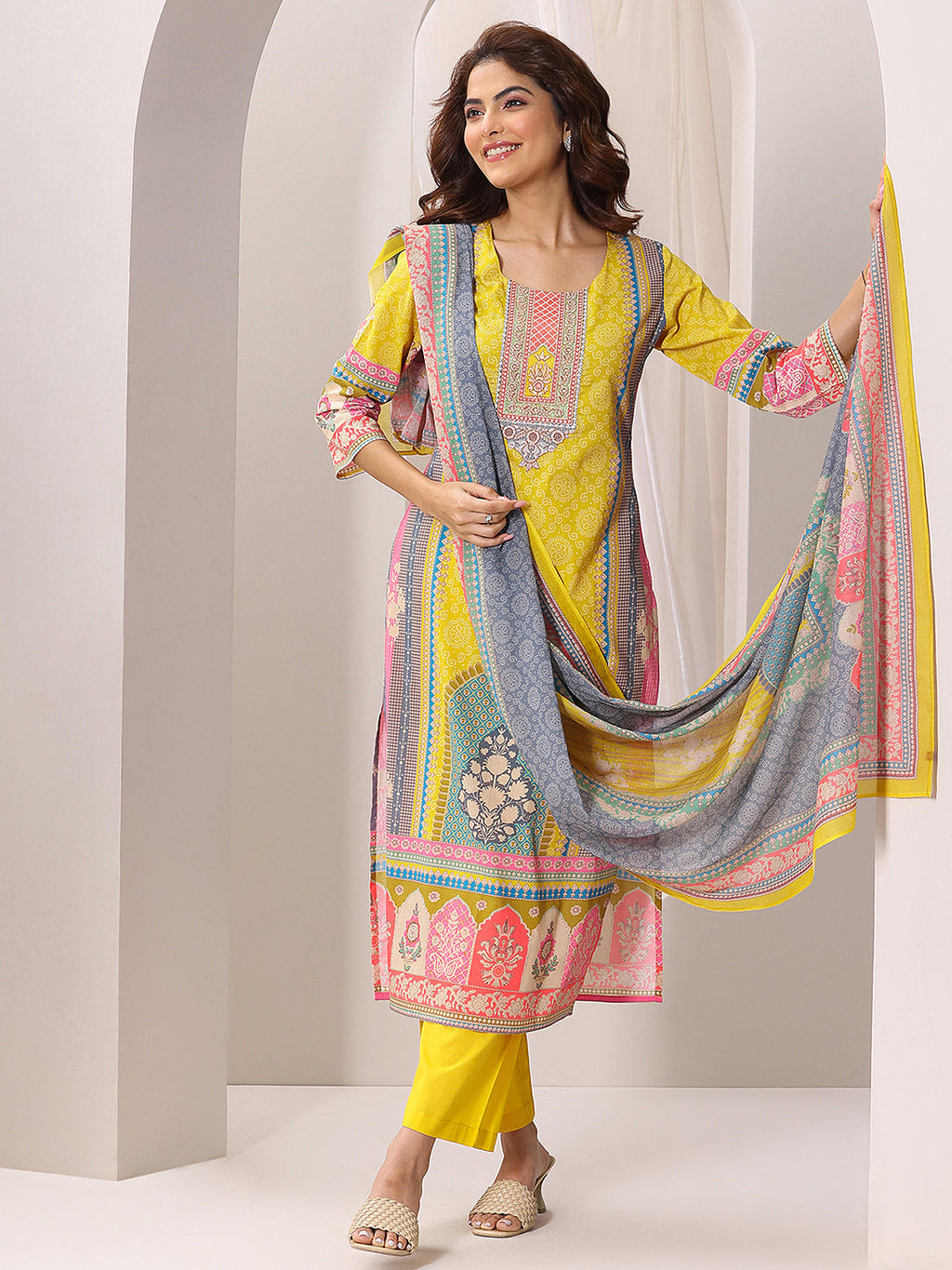 Libas Yellow Printed Cotton Straight Suit Set With Dupatta