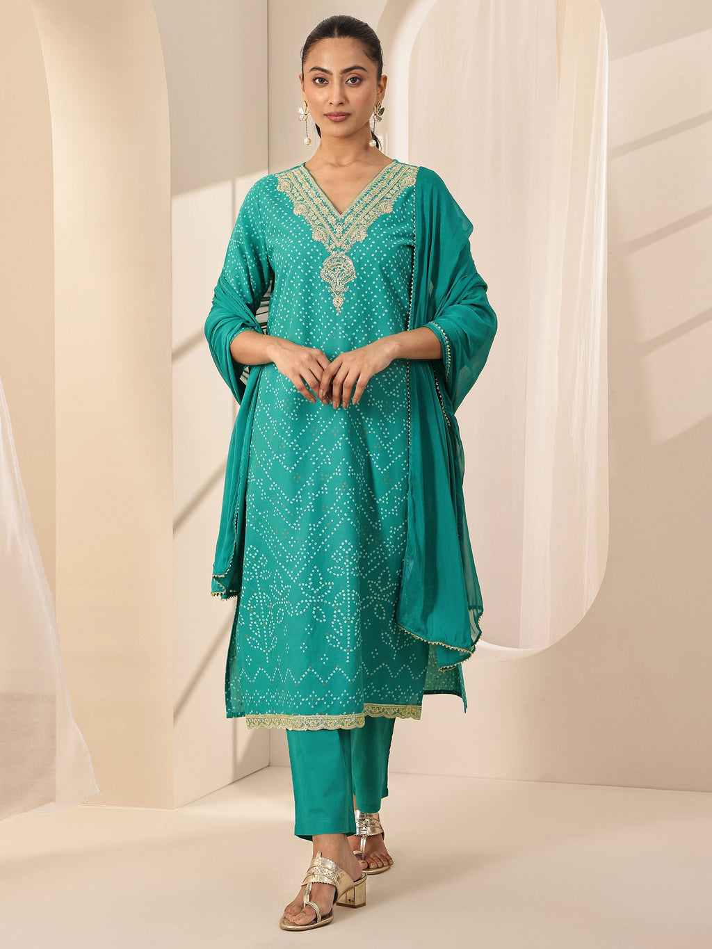 Libas Turquoise Blue Printed Cotton Straight Suit Sets With Dupatta