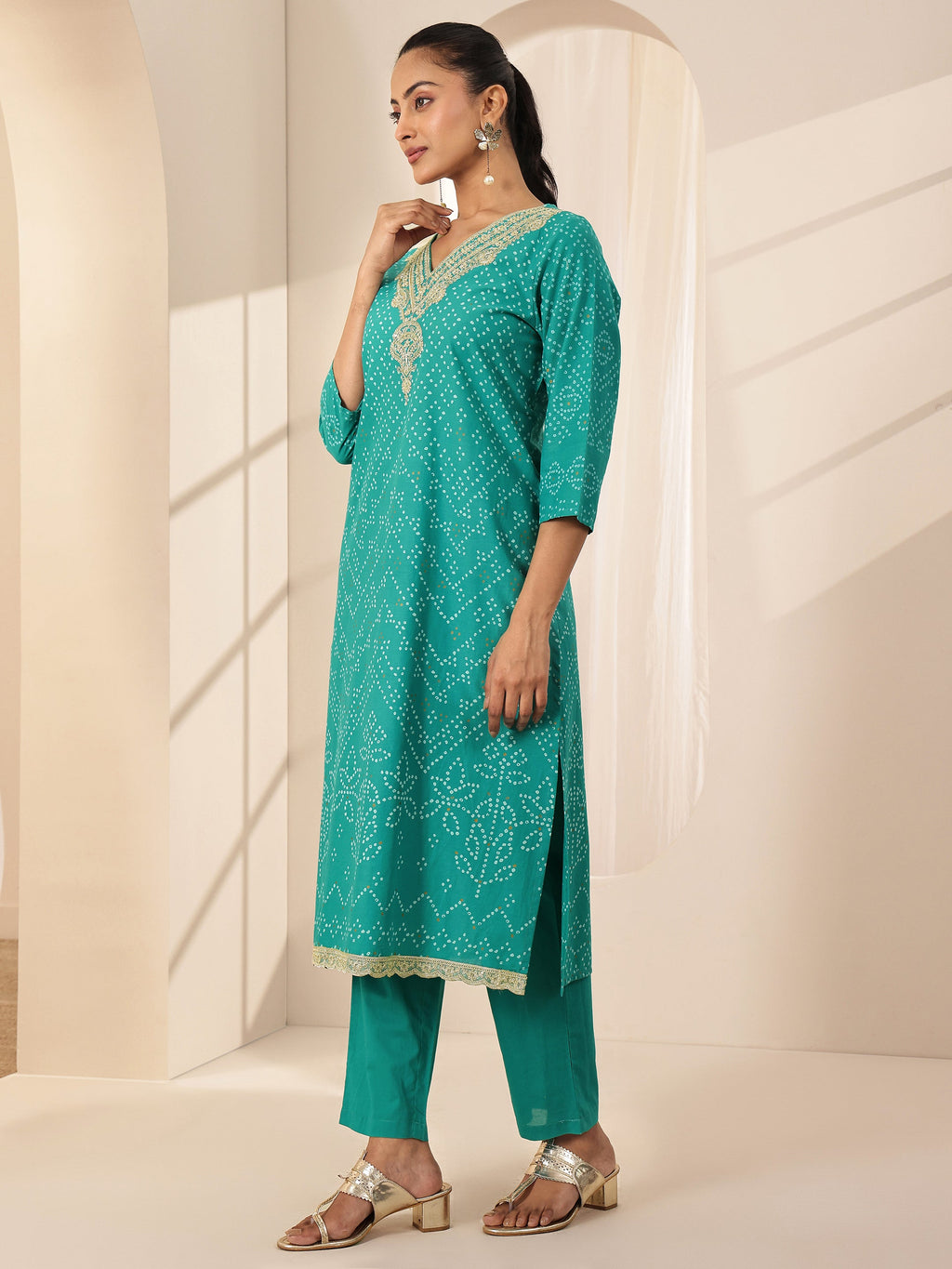 Libas Turquoise Blue Printed Cotton Straight Suit Sets With Dupatta