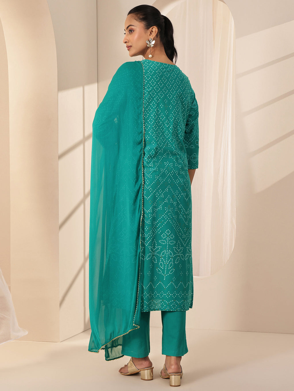 Libas Turquoise Blue Printed Cotton Straight Suit Sets With Dupatta