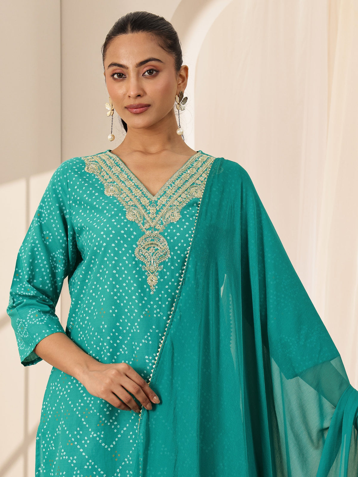 Libas Turquoise Blue Printed Cotton Straight Suit Sets With Dupatta