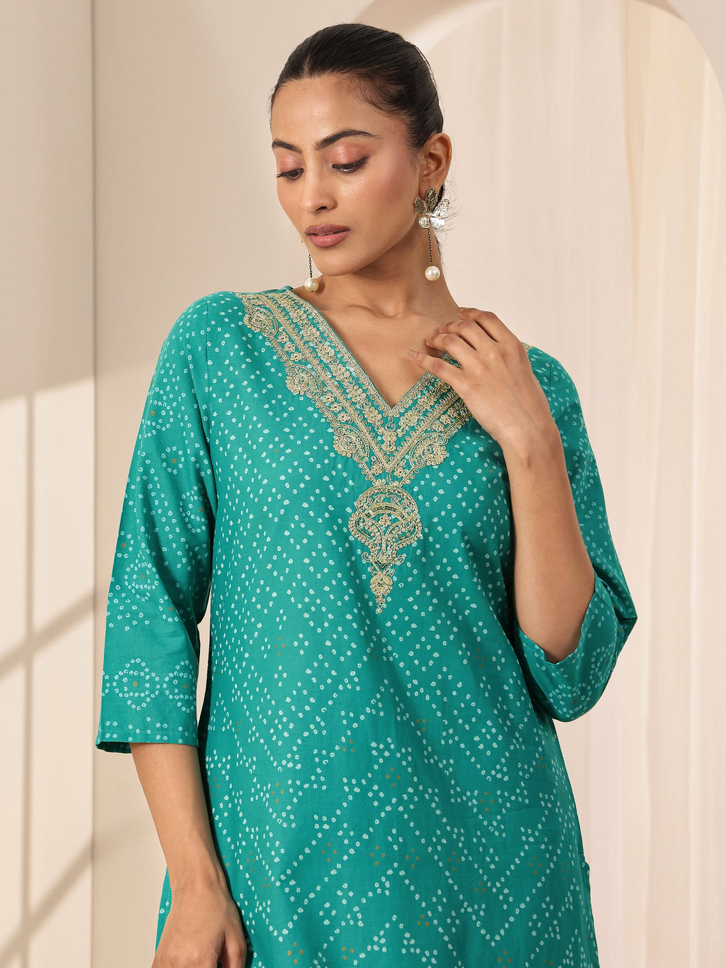 Libas Turquoise Blue Printed Cotton Straight Suit Sets With Dupatta