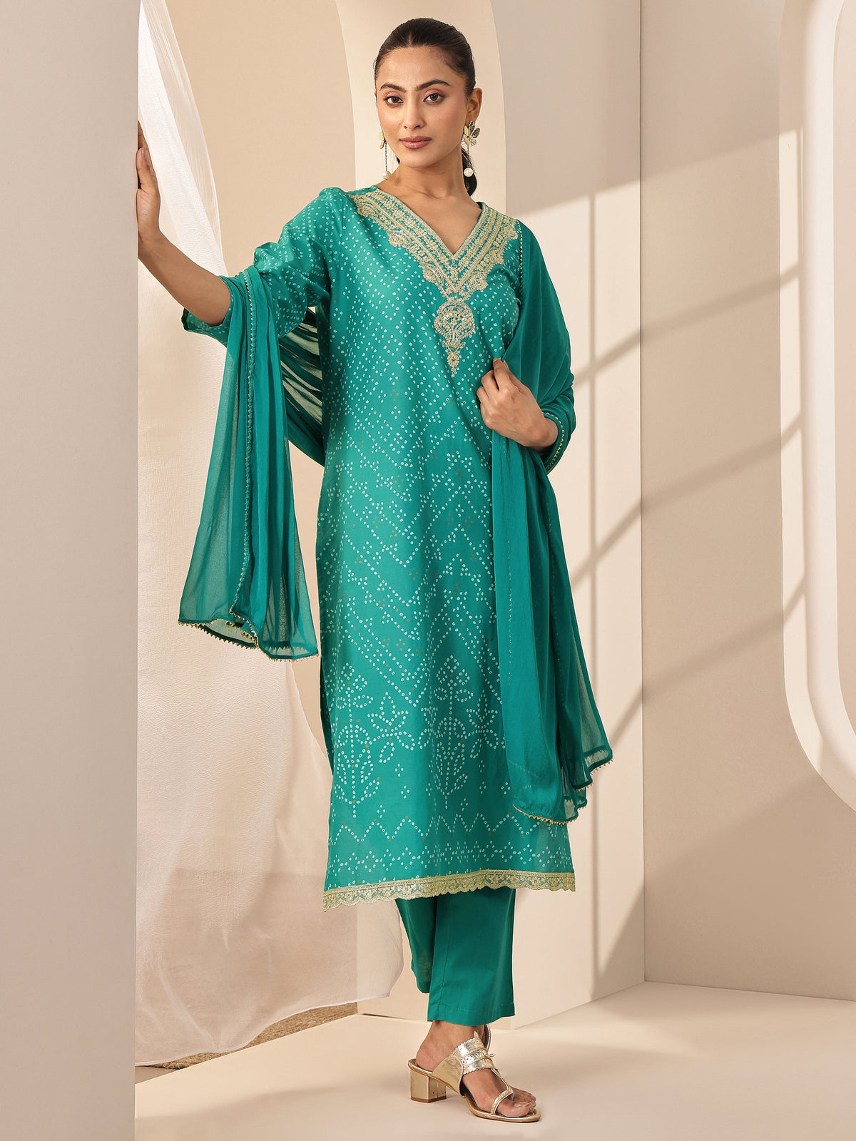 Libas Turquoise Blue Printed Cotton Straight Suit Sets With Dupatta