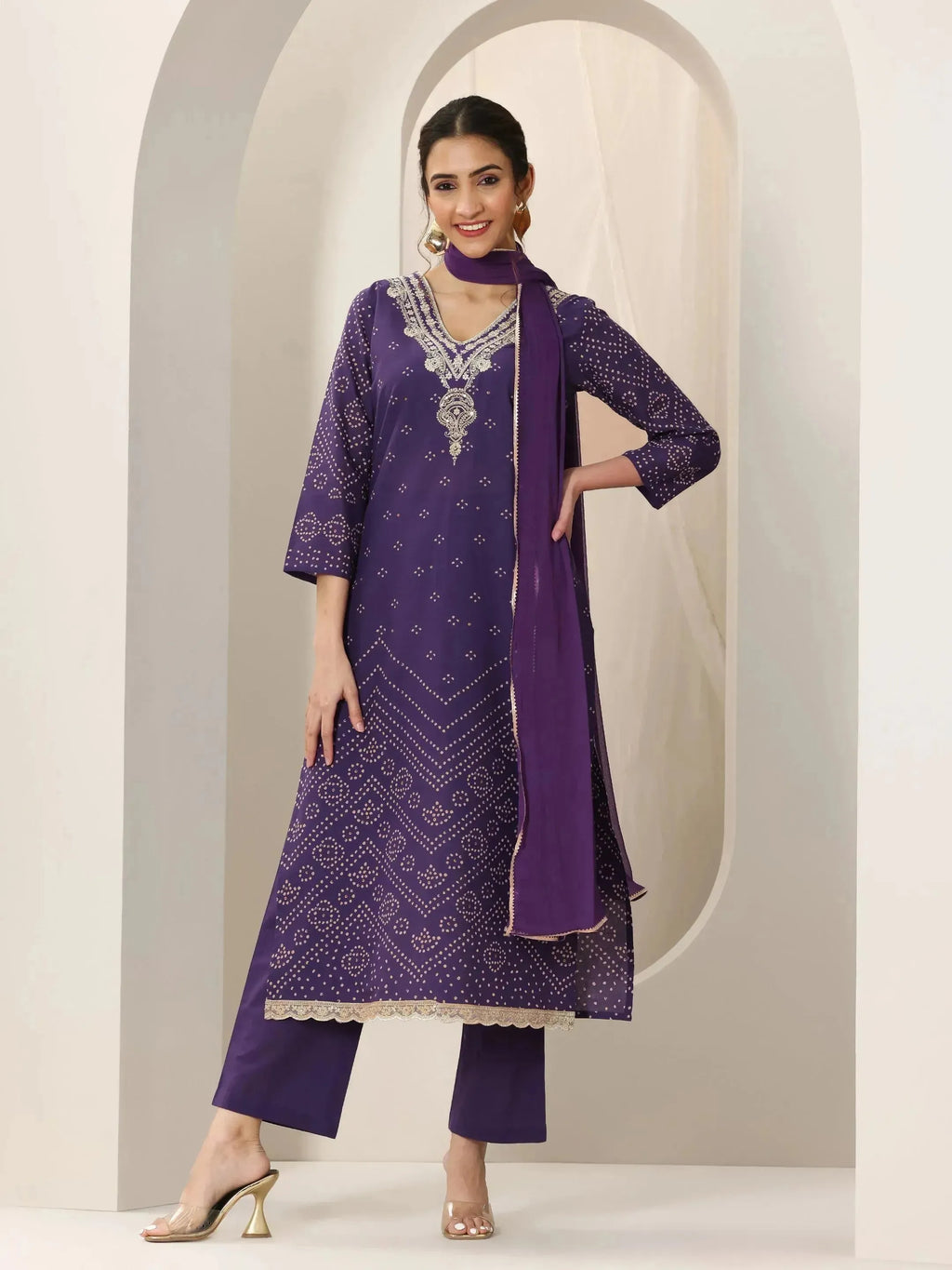Libas Purple Printed Cotton Straight Suit Set With Dupatta