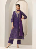 Libas Purple Printed Cotton Straight Suit Set With Dupatta