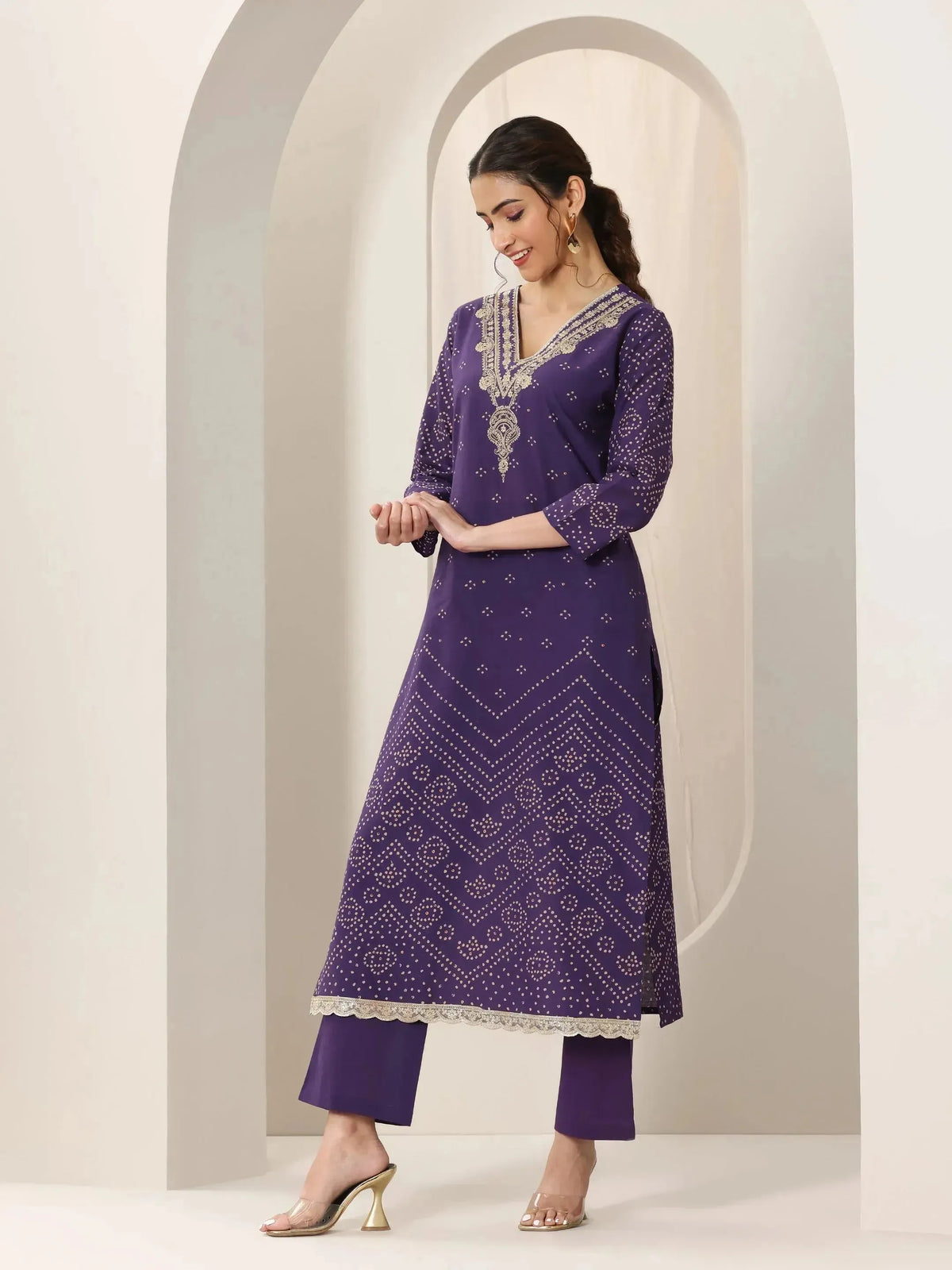 Libas Purple Printed Cotton Straight Suit Set With Dupatta