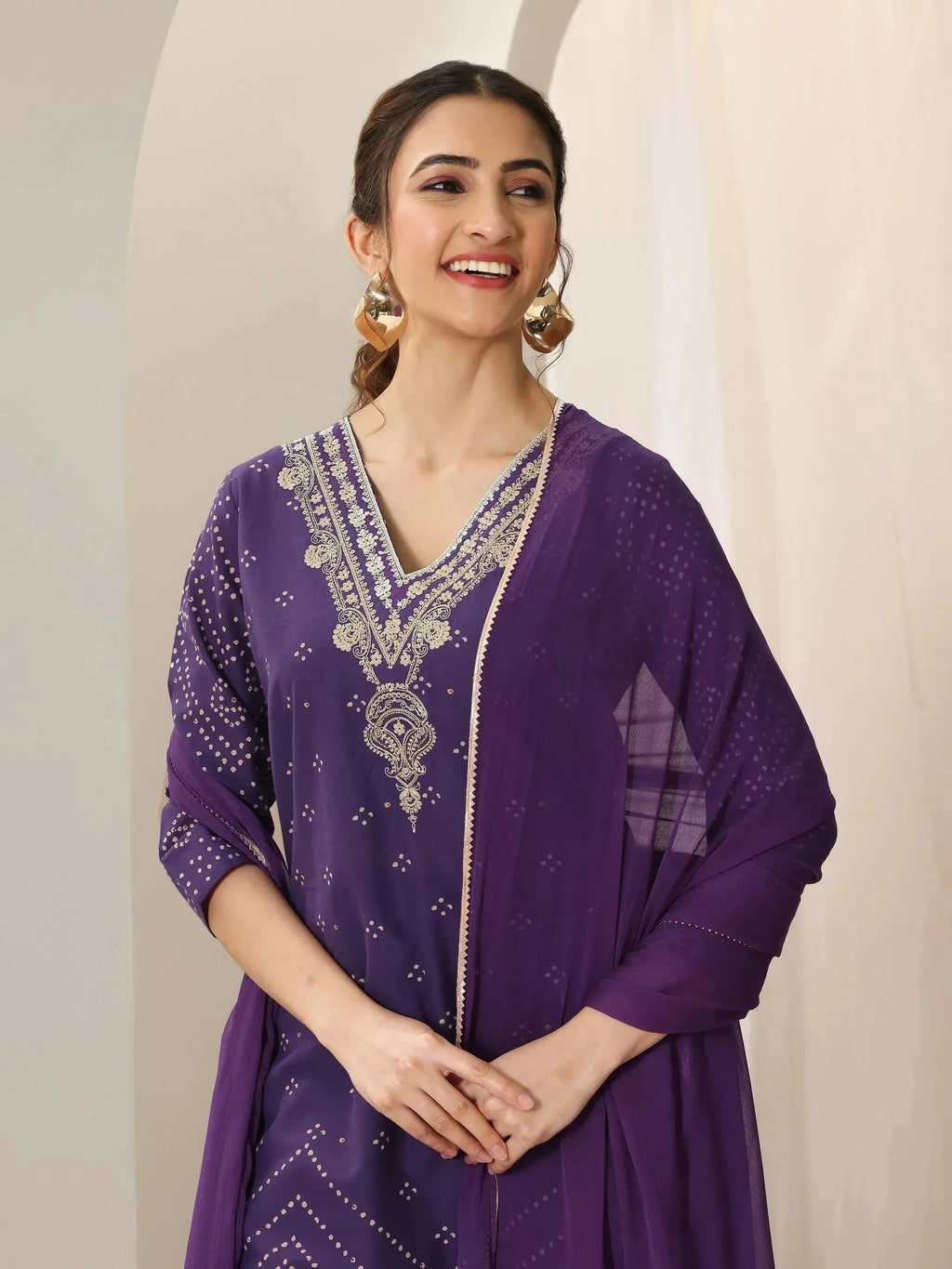 Libas Purple Printed Cotton Straight Suit Set With Dupatta