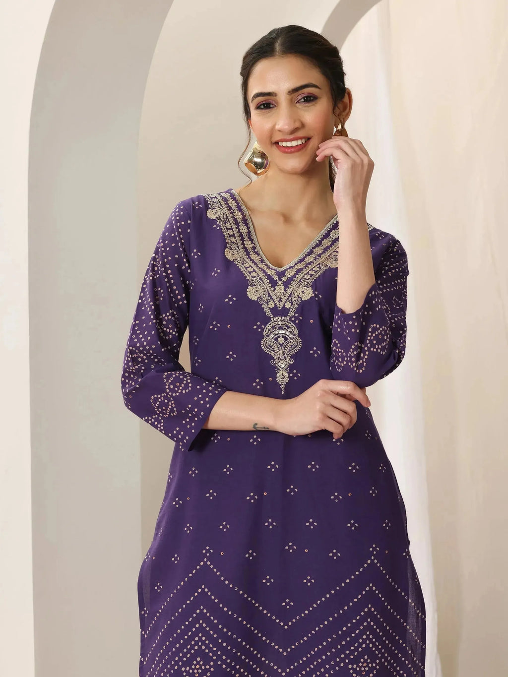Libas Purple Printed Cotton Straight Suit Set With Dupatta