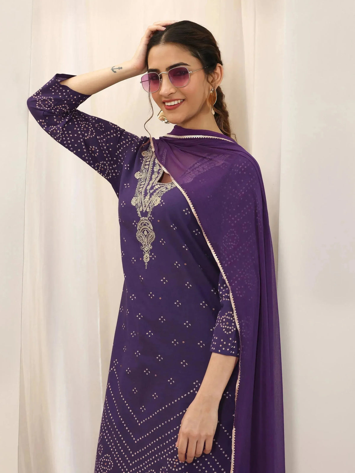 Libas Purple Printed Cotton Straight Suit Set With Dupatta