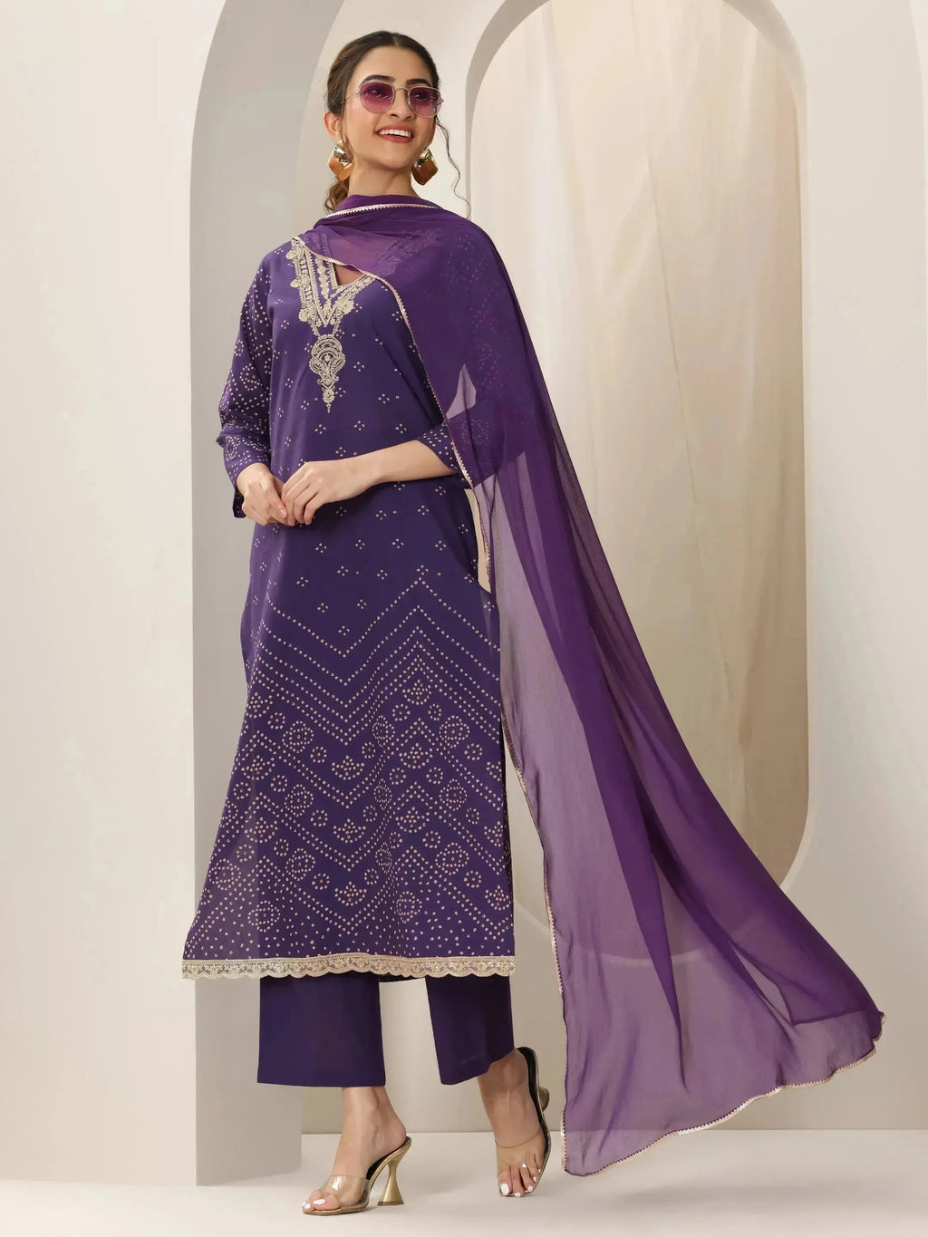 Libas Purple Printed Cotton Straight Suit Set With Dupatta