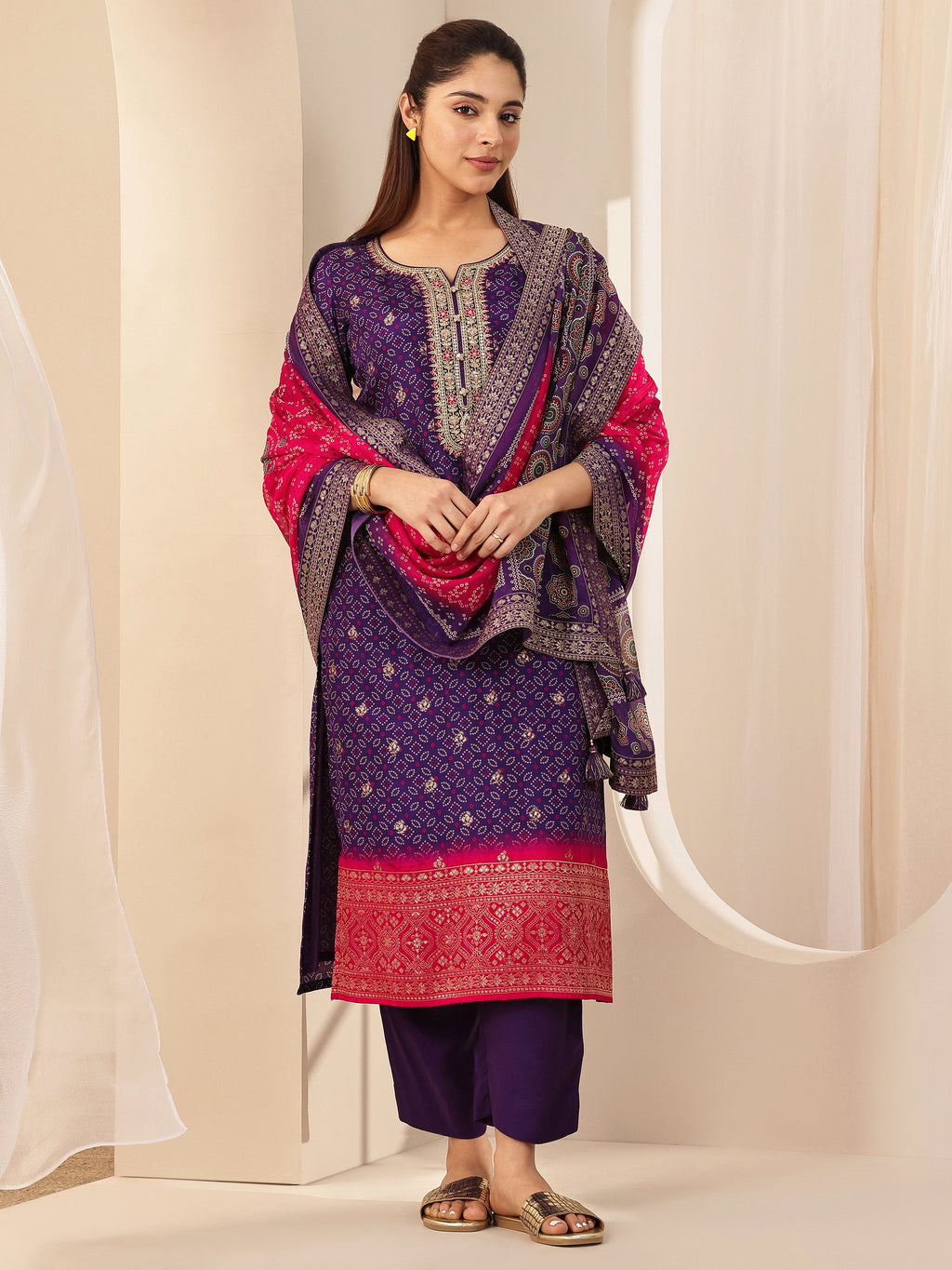 Libas Purple Printed Silk Blend Straight Suit Sets With Dupatta