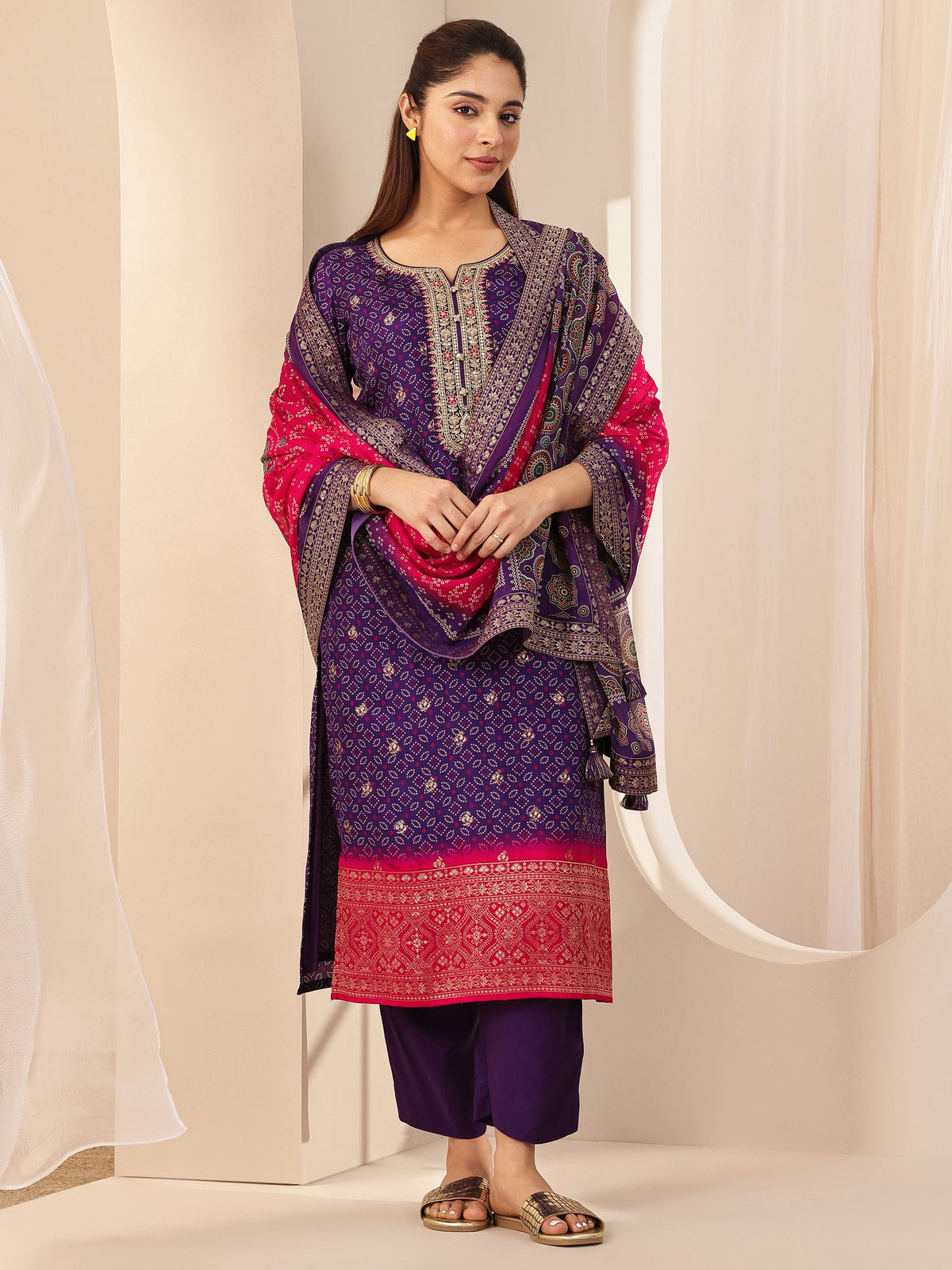 Libas Purple Printed Silk Blend Straight Suit Sets With Dupatta