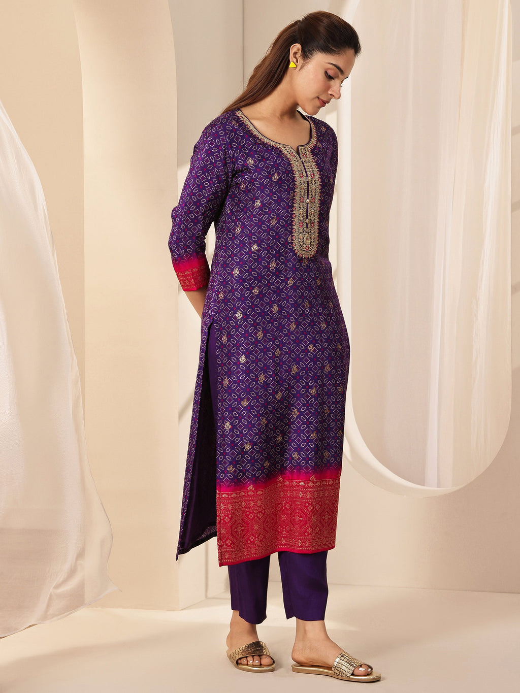Libas Purple Printed Silk Blend Straight Suit Sets With Dupatta
