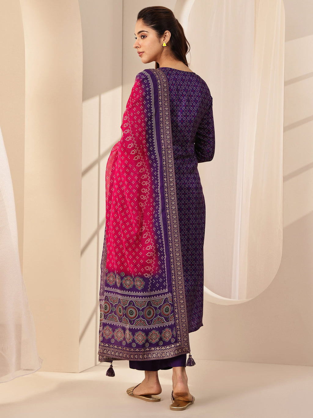 Libas Purple Printed Silk Blend Straight Suit Sets With Dupatta