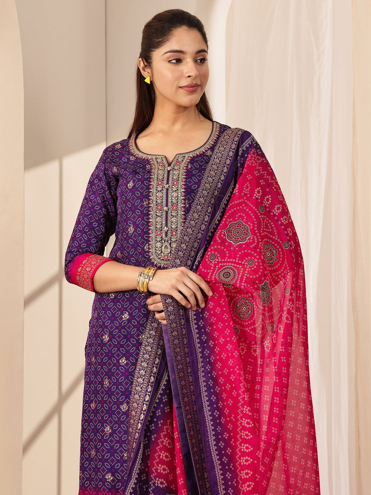 Libas Purple Printed Silk Blend Straight Suit Sets With Dupatta