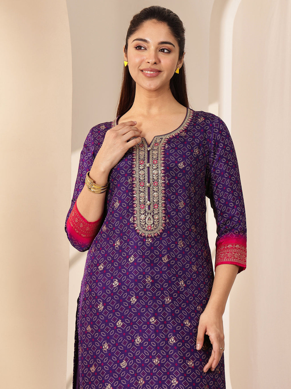 Libas Purple Printed Silk Blend Straight Suit Sets With Dupatta