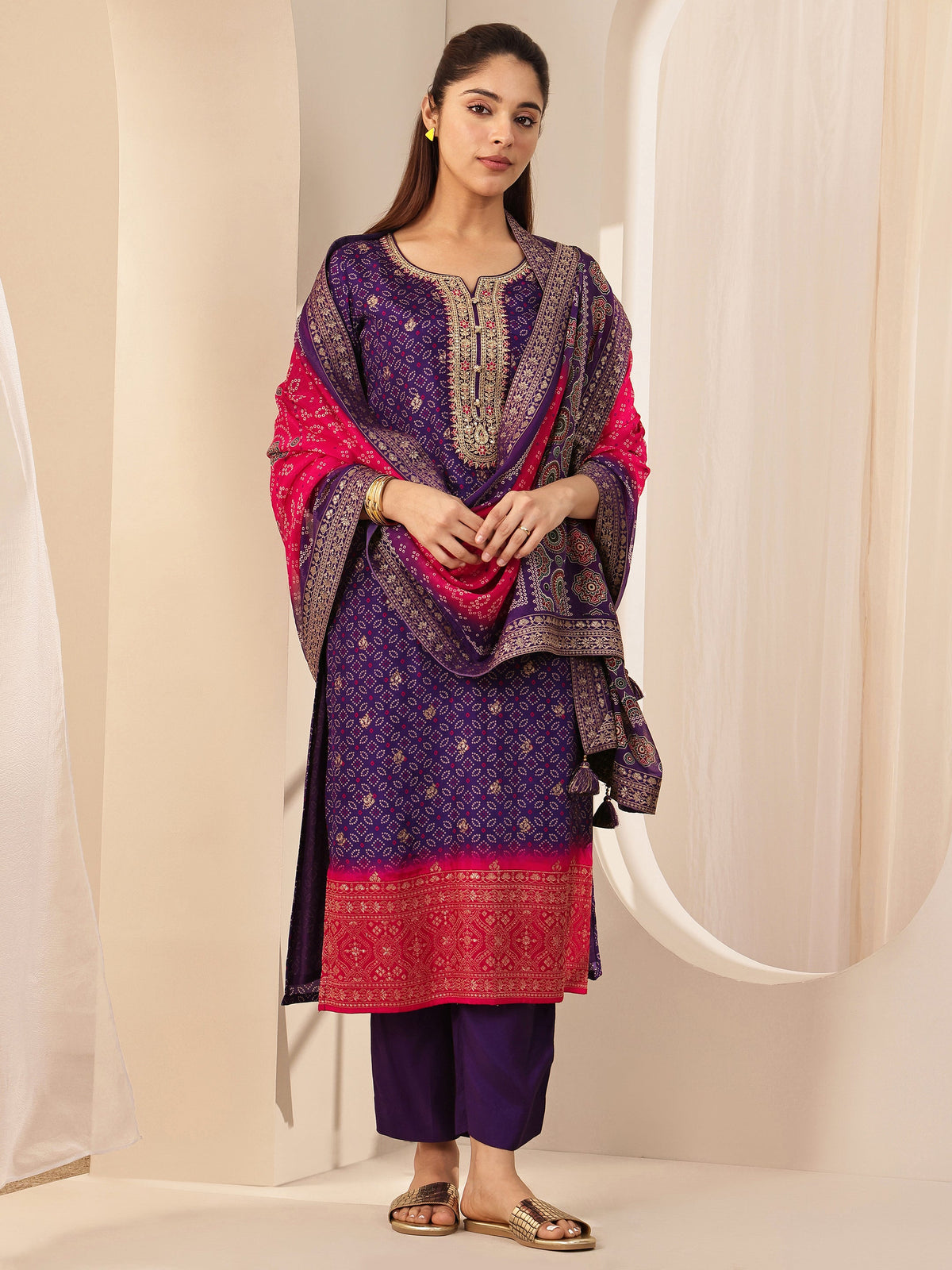 Libas Purple Printed Silk Blend Straight Suit Sets With Dupatta