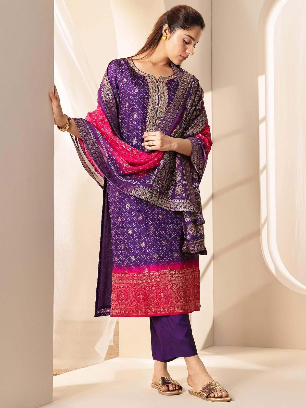 Libas Purple Printed Silk Blend Straight Suit Sets With Dupatta