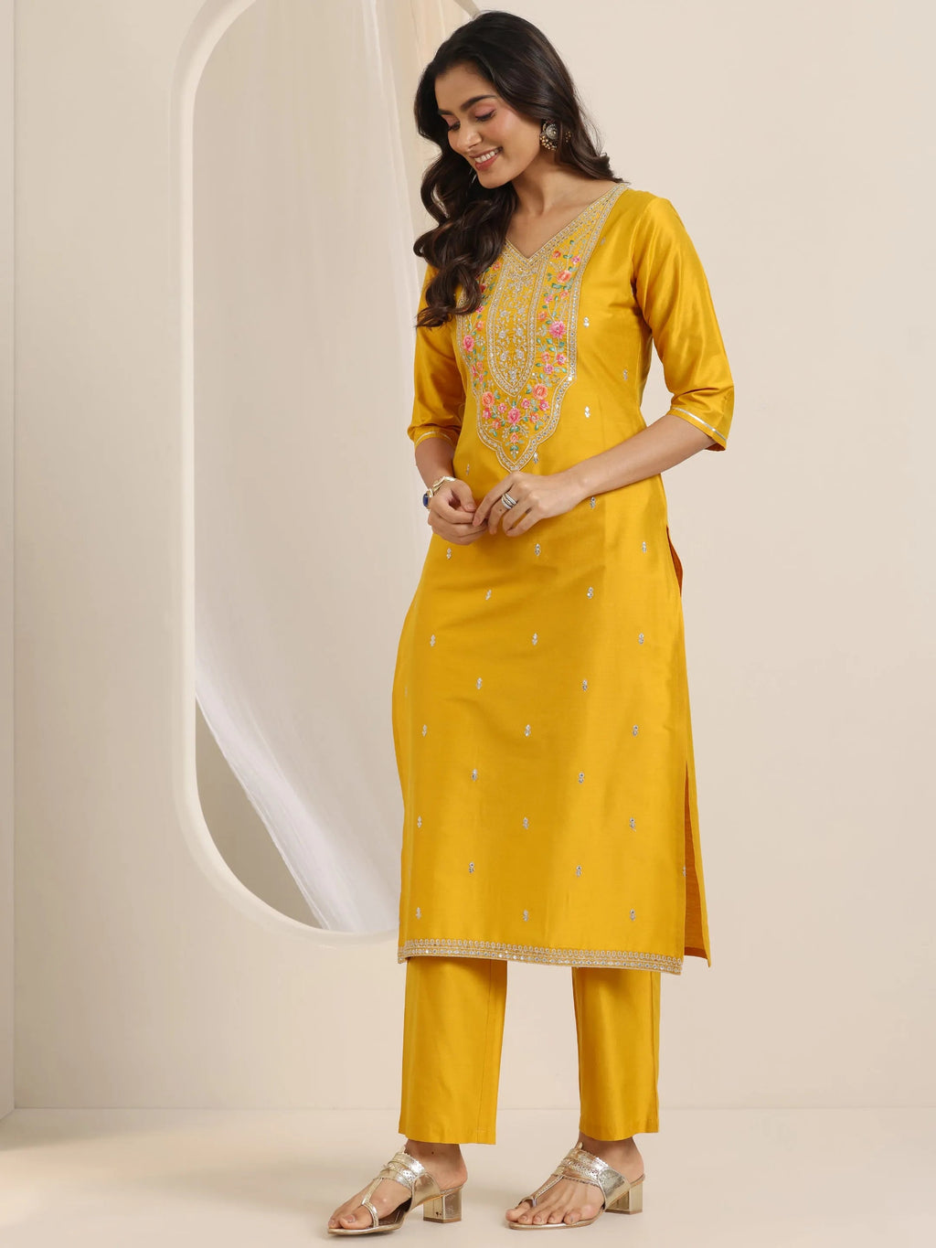 Libas Mustard Embroidered Silk Blend Straight Suit Set With Dupatta