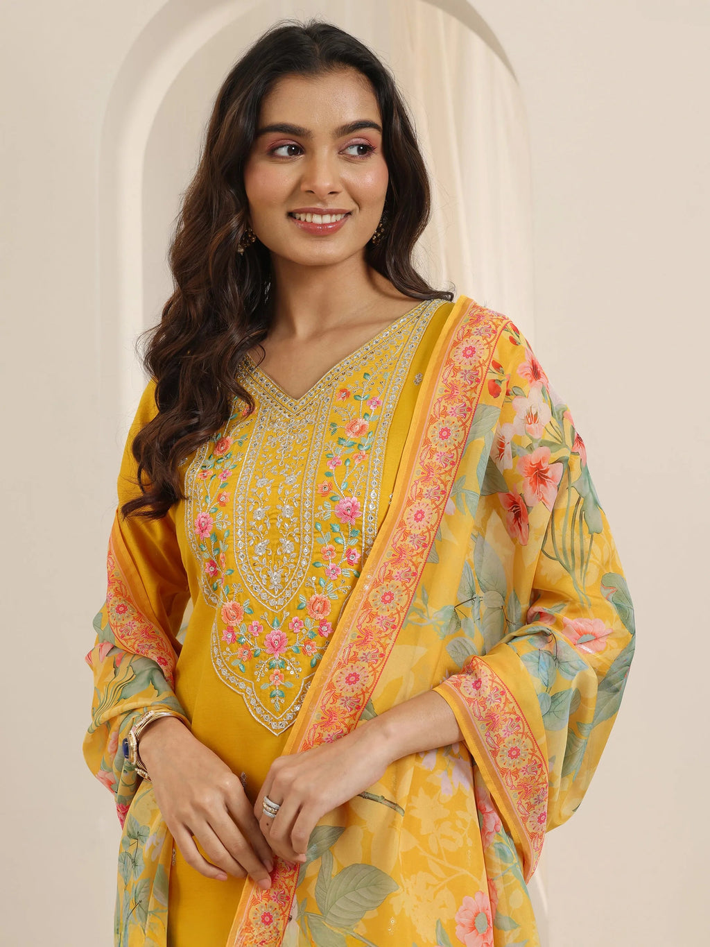 Libas Mustard Embroidered Silk Blend Straight Suit Set With Dupatta