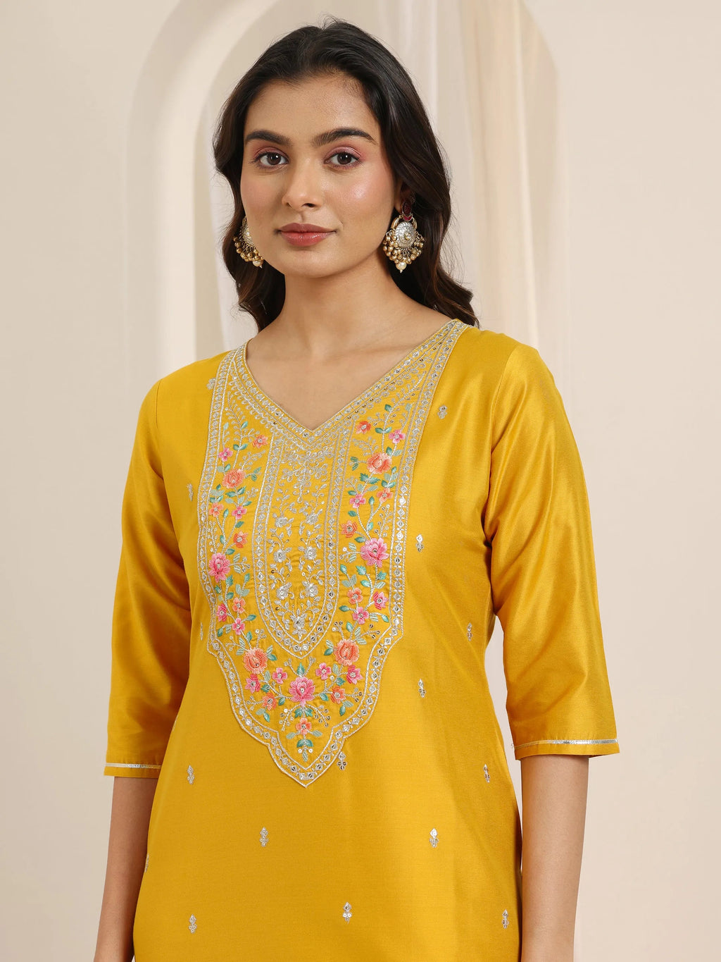 Libas Mustard Embroidered Silk Blend Straight Suit Set With Dupatta