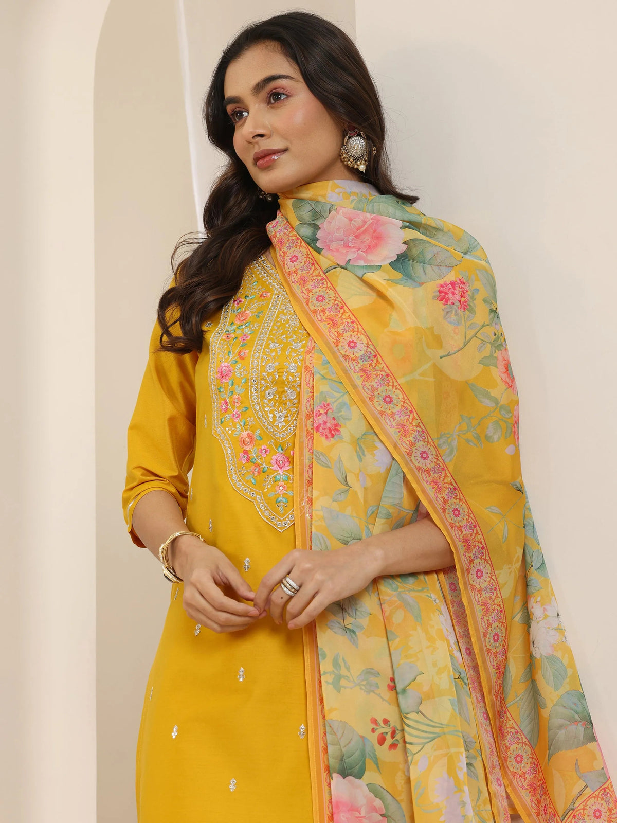Libas Mustard Embroidered Silk Blend Straight Suit Set With Dupatta