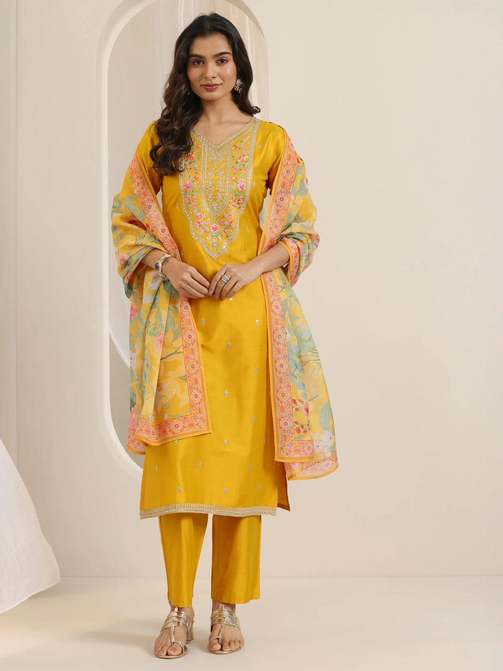 Libas Mustard Embroidered Silk Blend Straight Suit Set With Dupatta