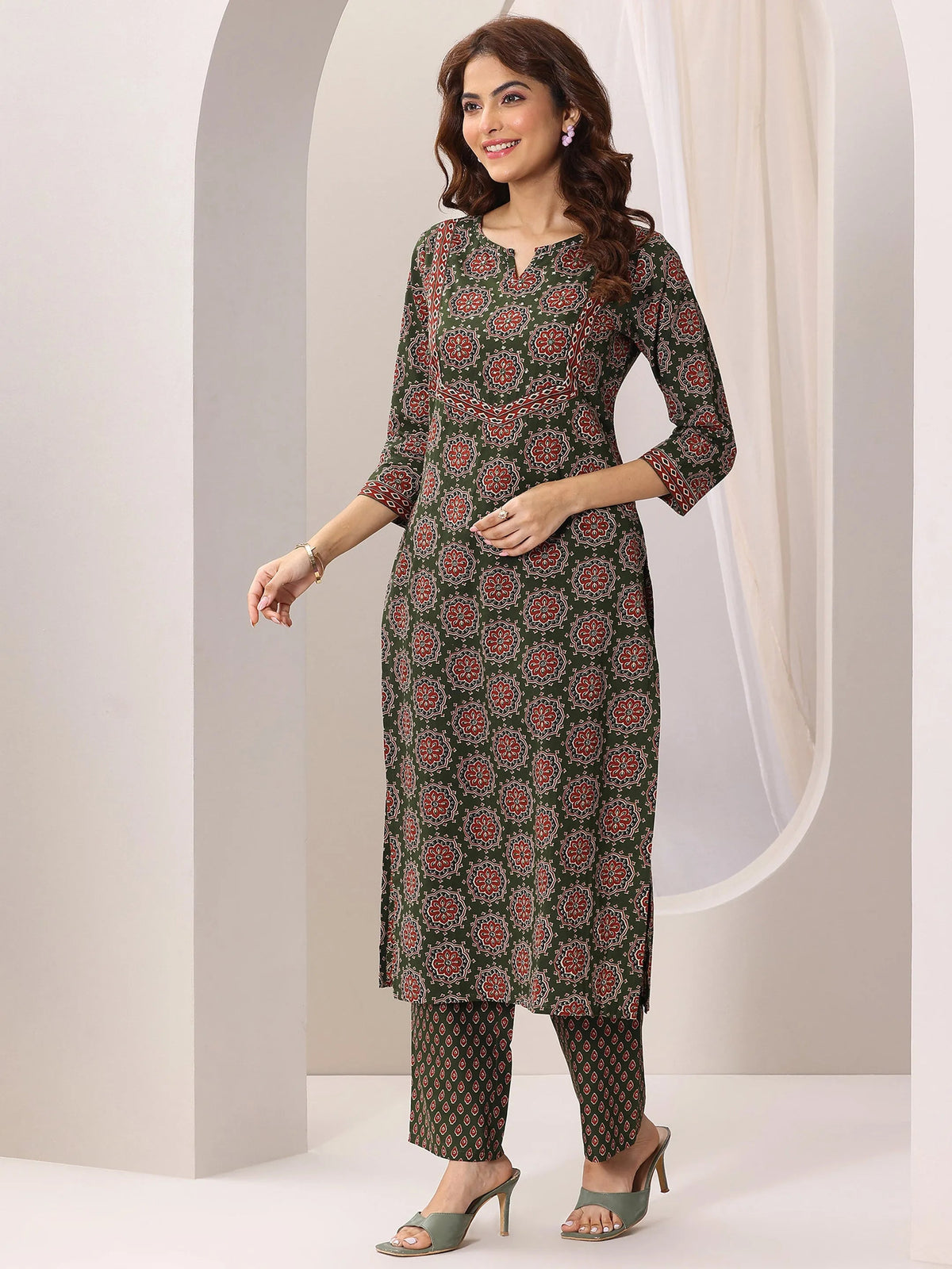 Libas Green Printed Cotton Straight Suit Set With Dupatta