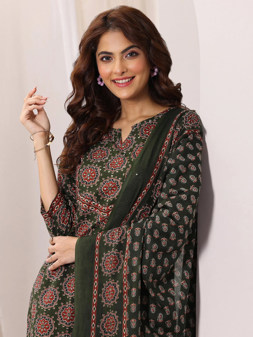 Libas Green Printed Cotton Straight Suit Set With Dupatta