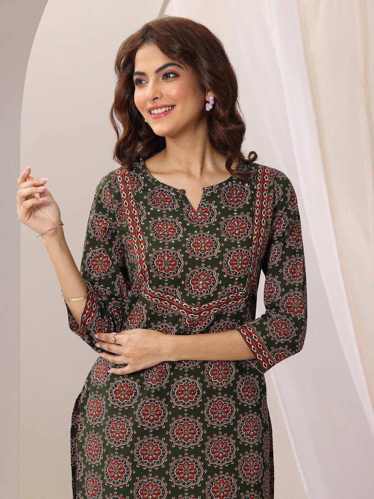 Libas Green Printed Cotton Straight Suit Set With Dupatta
