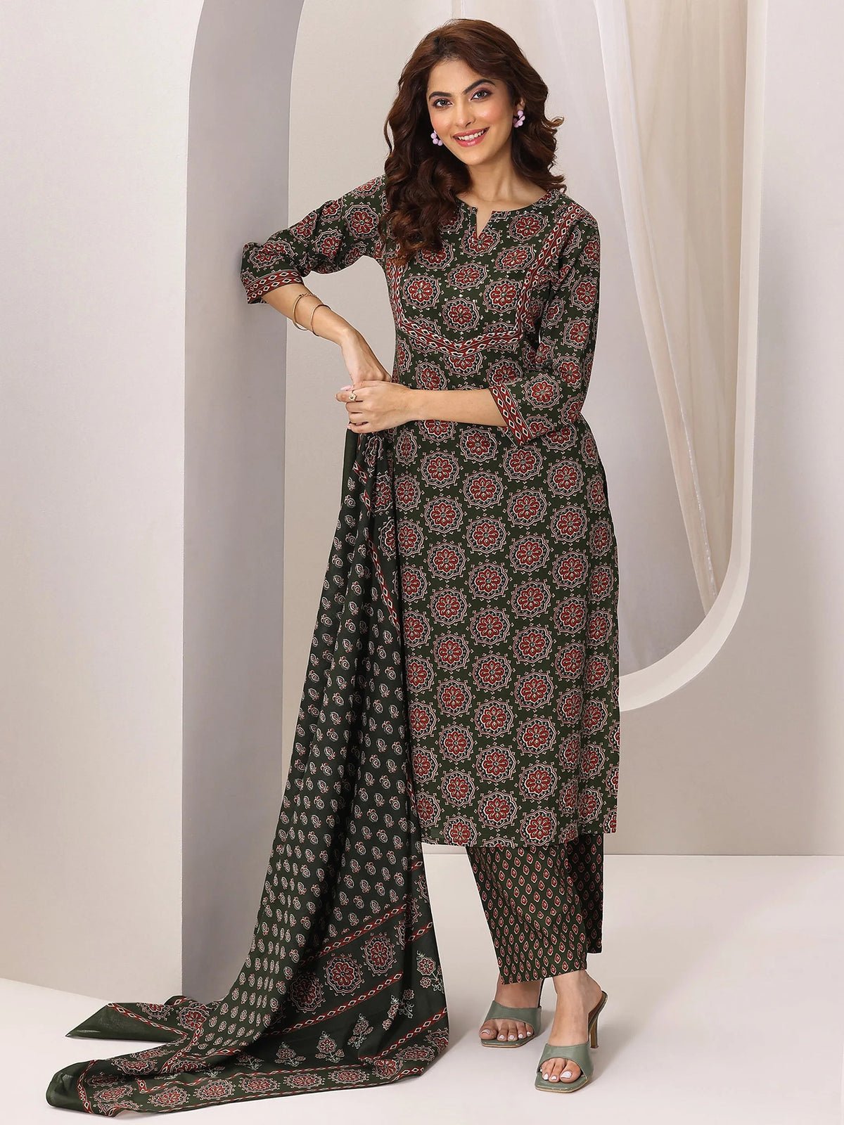 Libas Green Printed Cotton Straight Suit Set With Dupatta